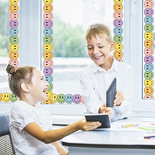 Image of Whaline 32.8 Ft Boho Happy Face Bulletin Board Border Pastel Color Smile Face Die Cut Trim Border Roll for Classroom Chalkboard Back to School Decor