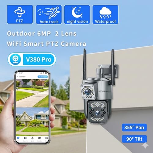 Image of 6MP Dual Lens WiFi Security Camera Outdoor | Ultra HD PTZ CCTV | IP67 Waterproof | Color Night Vision | 128GB SD Card Support | 2-Way Audio & V380 Pro App