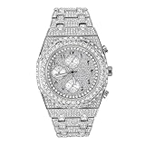 Men's Iced Out 43mm Octagon Shape Watch, Quartz Movement - Silver Arab Dial