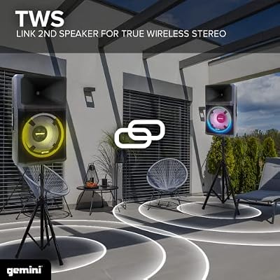 Gemini 15 300W Bluetooth PA Speaker System DJ Loudspeaker with Stand, Wired Mic, LED Lights, TWS Stereo Pairing, 3-Channel Mixer, EQ Control AC Powered (GSP-L2200PK)