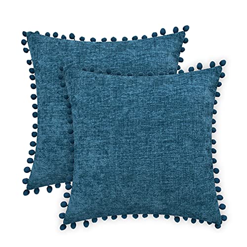 CaliTime Juego de 2 fundas de cojín de felpilla suave teñida con pompones para sofá, decoración del hogar, 45 x 45 cm, color azul océano Cover