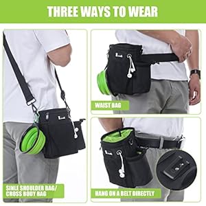   Pecute-Dog-Treat-Pouch-with-Bottle-Holder-Dog-Training-Treat-Pouch-with-Poop-Bag-Dispenser-Metal-Clip-Waist-Belt-Fanny-Pack-Dog-Walking-Bag-3-Cups-Large-Capacity-4-Ways-to-WearBlack