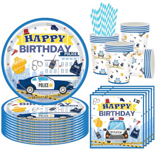68 unidades louça para festa de polícia car, louça de aniversário de polícia car, decoração de aniversário para crianças inclui pratos chávenas guardanapos