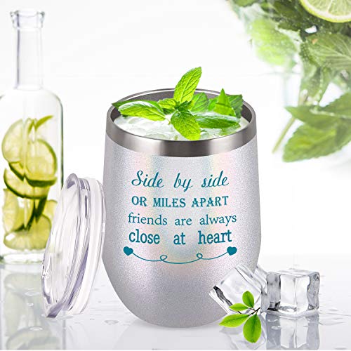 Side By Side or Miles Apart Friends Are Always Close at Heart Wine Tumbler with Lid and Straw, 12 Oz Stainless Steel Wine Tumbler Ideas for Friends Girlfriend Coworker, Glitter Pearl White