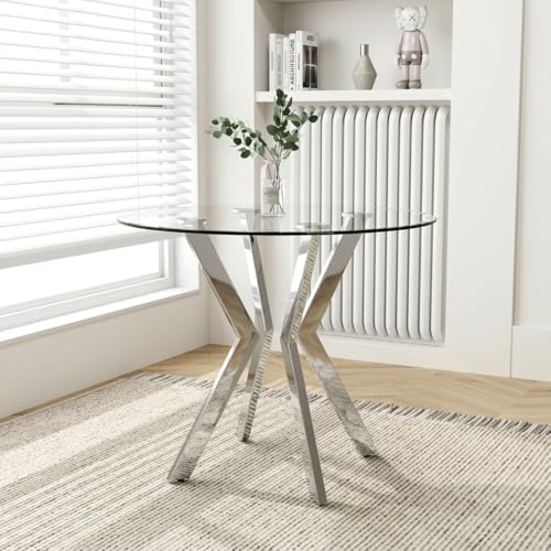 GOLDFAN Round Tempered Glass Dining Table 90cm, Modern Silver Chrome Legs Kitchen Table for 4, Circle Glass Table for Dining Room, Apartment, Office, Café