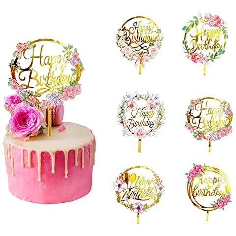 6 Pack Happy Birthday Cake Toppers Gold Flower Acrylic Cake Toppers Acrylic Cupcake Topper for Various Birthday Party Anniversary Cake Pastries Decorations Cover