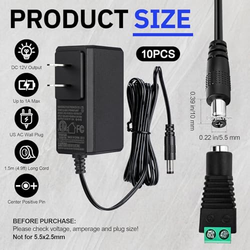Image of Copkim 10 Pcs 12V Power Supply 12V DC 24W LED Light Adapter Switching Led Power Supply AC120V to DC12V Transformer with 5.5 /2.1 mm Female Barrel Connector for Strip Light (1A)