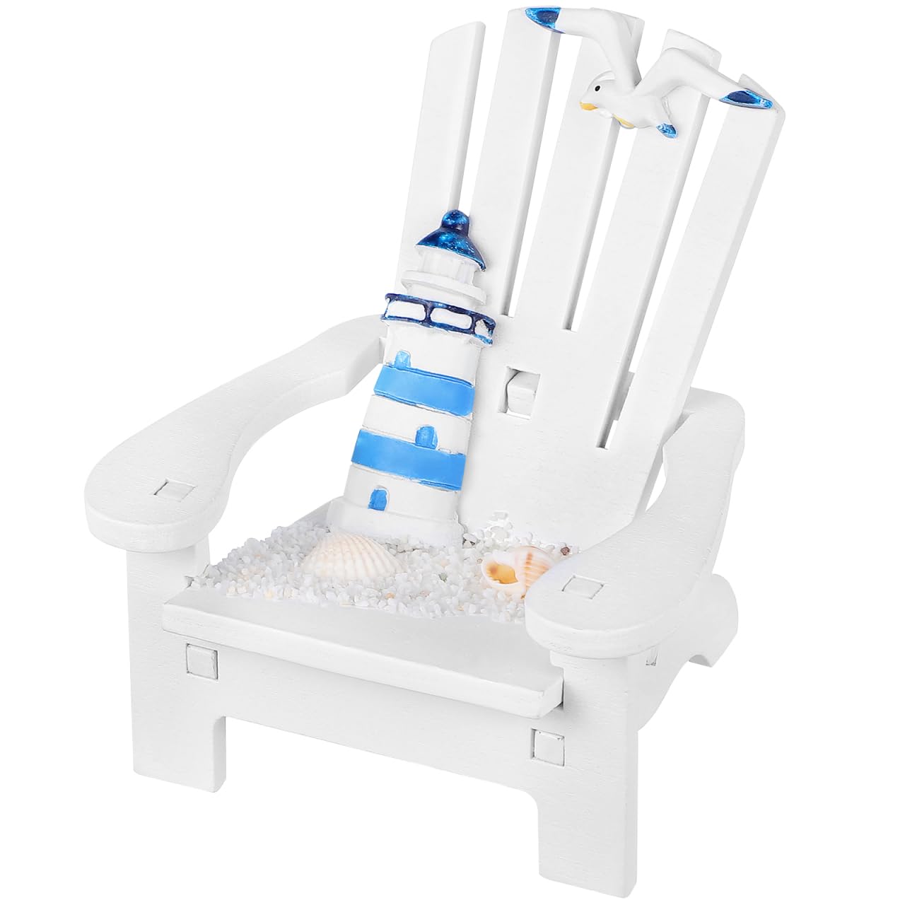 Lioobo White Beach Nautical Miniature Decoration Ornament Small Wooden Beach Chair Model Decorated With Lighthouse Seagull Shell Conch