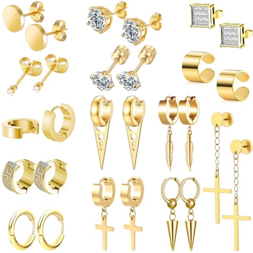 14 Pairs Earrings for Men and Women - Black Stud, Hoop, Cross, and Dangling Earrings Set - Stainless Steel Ear Cuffs Piercing Jewelry
