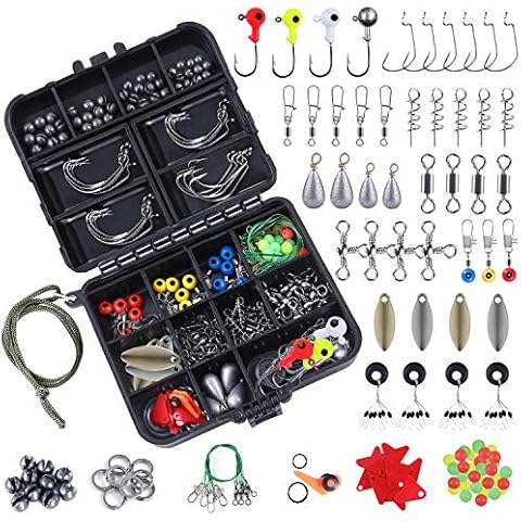 PROBEROS® 188 Pcs Stainless Steel Fishing Accessories Kit Including Fish Jig Hooks, Bullet Bass Casting Sinker Weights, Fishing Swivels Snaps, Sinker Slides, Fishing Set with Tackle Box Cover