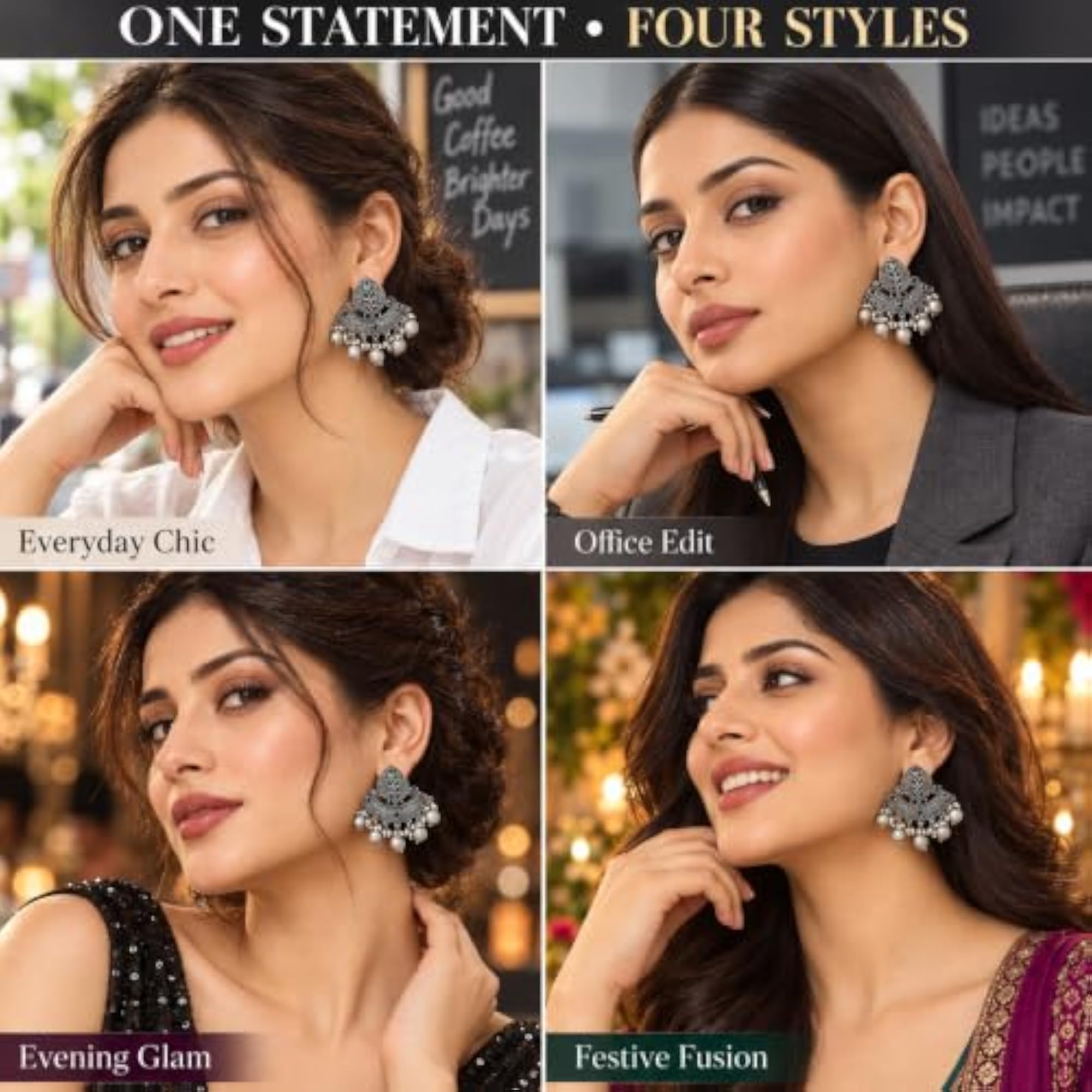 Women's Bohemian Long Chandbali Dangler Earrings with Black Stone