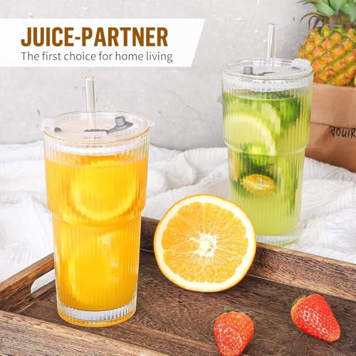 Image of Glass Mug with Bamboo Lid and Straw, 510ml, for Cold Drinks, Smoothies, Coffee(Pack of 1) (Ribbed Glass Mug with Lid)