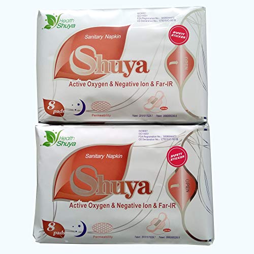 SHUYA Anion Ultral Long Overnight Pads for Woman with Wings, Patented Negative ion Strip, Super Absorbency, Size 330mm-Scented 16Count（Pack of 2）
