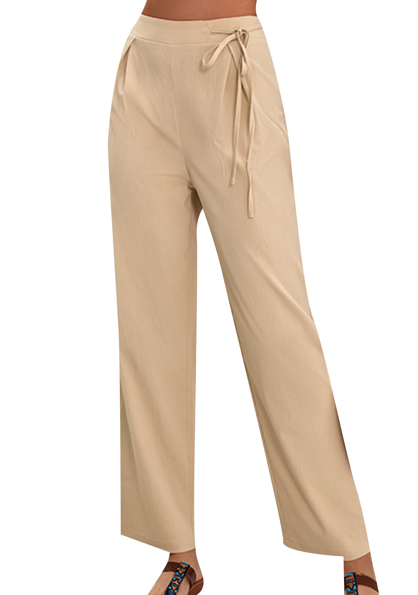 FLITAY Womens Solid Color Drawstring Pants High Waist Wide Leg Trousers Pendulous Ruched Slacks