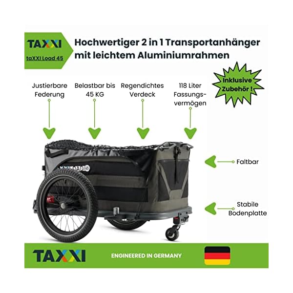 taXXi Load 45 Fahrradanhänger | Gefedert und Tiefergelegter Lastenanhänger | Transportanhänger mit 118 Liter Packvolumen und 45kg Tragkraft | Faltbarer Fahrranhänger Designed in Germany – Bild 3