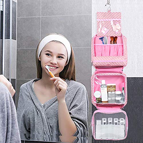 Hanging Travel Toiletry Bag Waterproof Makeup Organizer Large Capacity Portable Travel Storage Pouch Cosmetic Handbag with Sturdy Hook/Detachable Clear Bag/Luggage Strap (Striped Pink) - Thumbnail 4