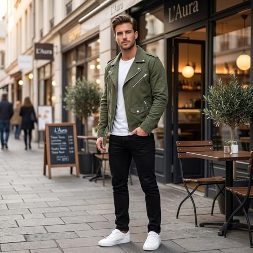 Image of Summer Lightweight Canvas Cotton Jacket Men - Punk Gothic Brando Biker Coat Classic Rock Streetwear Belted Jacket