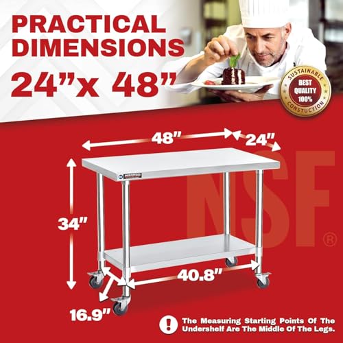 Image of DuraSteel 24x48 NSF Stainless Steel Cart Work Table - Heavy Duty Rolling Food Prep Table Countertop Island - Metal Utility Cart on Wheels Caster, Grill Stand Storage Outdoor Kitchen Tables Bar Top
