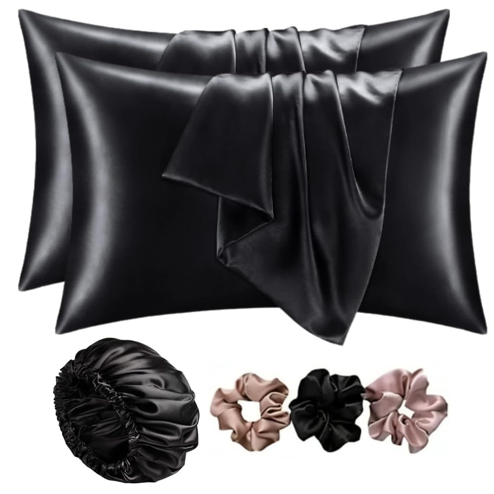 Satin Pillow Cover for Hair & Skin 3 Months Warranty with 2 Silk Pillow Covers & 3 Satin Scrunchies for Women Gift Items for Women Silk Pillow case Satin Bonnet for Curly Hair (Black)-image-27