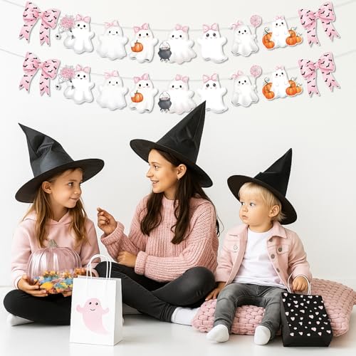 Image of Oudain 2 Pack Pink Halloween Garland Ghost Decor 6.56 ft Cute Pink Bow Bat Pastel Girly Paper Hanging Halloween Banner for Birthday Kids Party Boo Decor a Little Boo Is Almost Due Baby Shower