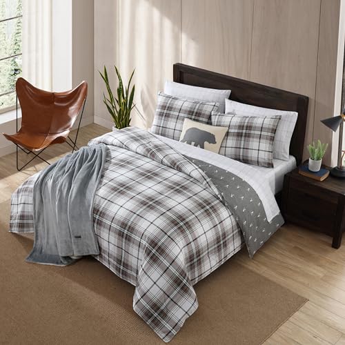 Image of Eddie Bauer - Queen Comforter Set, Reversible Cotton Bedding with Matching Shams, Plaid Home Decor for All Seasons (Alder Grey /Red, Queen)