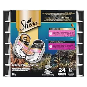 Sheba Perfect Portions Adult Wet Cat Food Bistro Cuts in Gravy Salmon in Creamy Sauce Entrée and Gravy Indulgence™ Salmon Entrée in Extra Gravy Variety Pack, (12) 75g Trays