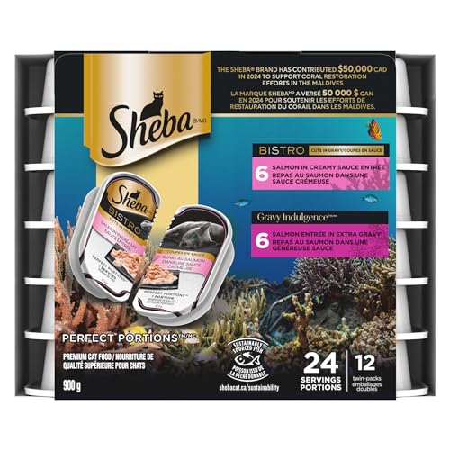 Sheba Perfect Portions Adult Wet Cat Food Bistro Cuts in Gravy Salmon in Creamy Sauce Entrée and Gravy Indulgence™ Salmon Entrée in Extra Gravy Variety Pack, (12) 75g Trays