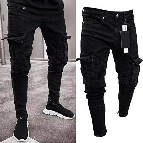 Calça jeans longa rasgada masculina de motoqueiro Calça jeans justa destrua calça preta elástica com