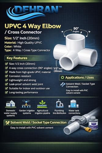 Image of DEHRAN UPVC 4-Way Elbow 1 /2 inch Inchi(20MM) For Plumbing Pipe Fitting, Greenhouse Project Bathroom Home Garden Frame White Color (10)