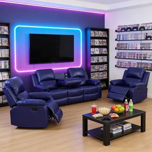 Bicerkib Leather Recliner Sofa Set for Living Room Furniture Sets, Blue Faux Leather Manual Reclining Sofa and Chairs Set 3 Pieces for Home Furniture/Theater Seating/Rv Car/Curbside Only(3+1+1)