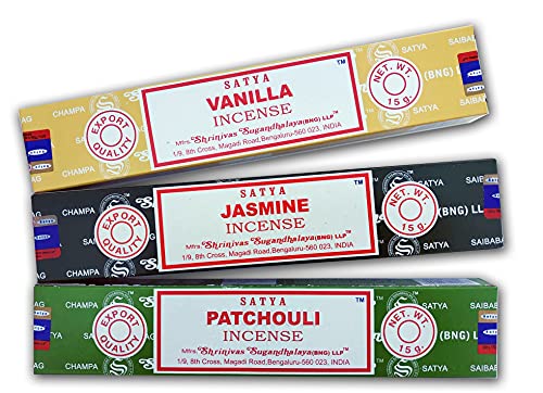 Lote Incienso Aromático x 3 Satya Incienso Vainilla + Jazmín + Patchouli | Incienso Natural Aromaterapia | Varitas de Incienso | 3 Cajas de 15 grs.
