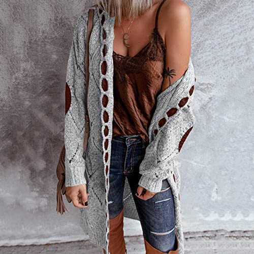 Plus Size Hooded Cardigans for Women Casual Elbow Patches Long Sleeve Cable Knit Long Open Front Cardigan Sweater Coat4