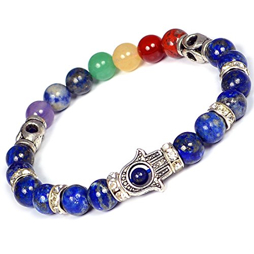 Image of Reiki Crystal Products Certified Natural Crystal Stone 7 Chakra with Hamsa 8 mm Round Beads Bracelet for Men & Women | Reiki Charged Gemstone Bracelet | Multiple Stone Variants Available