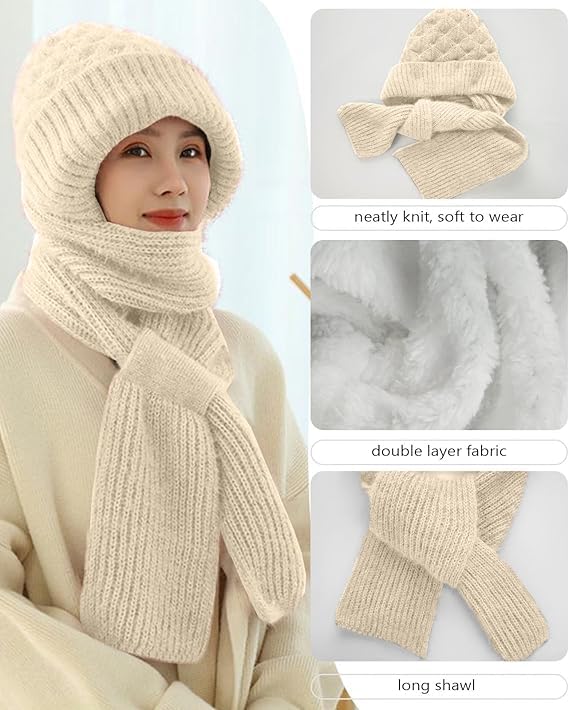 PUHBRHY 2 in 1 Windproof Scarf with Cap Integrated Ear Guard Hat Plus Velvet, Winter Warm Soft Knitted Beanie Hats Scarf- Woolen Lovely Muffler Fur Cap Stylish Headwear for Women & Girls 3