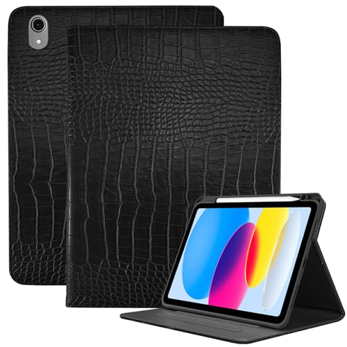 Deokke Premium Leather Compatible with iPad (A16) 11th Generation 11 Inch Case 2025 Compatible with iPad 10th Generation 10.9 Inch Case 2022 Pencil Holder Folio Crocodile Retro Women Girls-Black