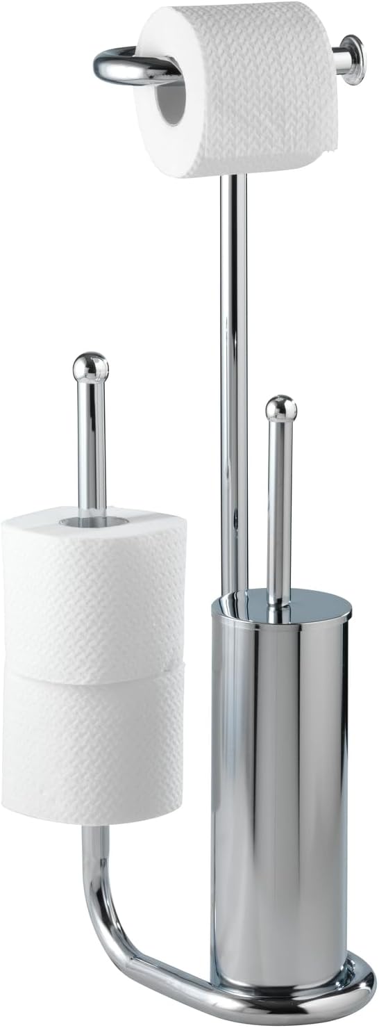 WENKO 18730100 Free Standing Toilet Brush Universalo Chrome - with Spare roll Holder, Steel, 20 x 62.5 x 23 cm, Chrome