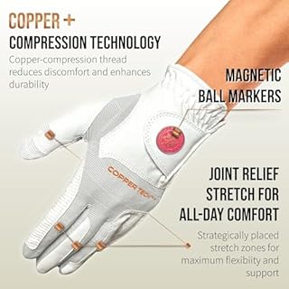 Copper Tech Plus Ladies Golf Gloves Women (2nd Gen) | Copper Compression Joint Support with Flexible & Comfortable Fit | Tacky Silicone Pad (White/White, Medium-Large, Left)