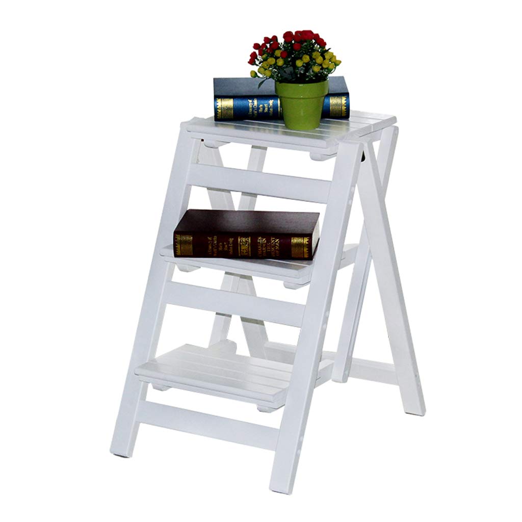Taburete de escalera plegable de madera maciza blanca Taburete multifunción de 3 capas Hogar cocina Biblioteca Estante de flores / Banco de zapatos / Estante de almacenamiento, 150 kg