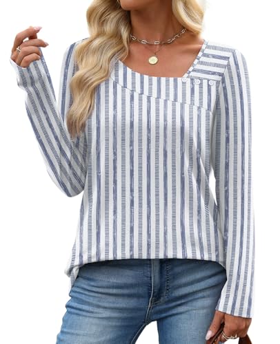 OFEEFAN Long Sleeve Shirts for Women Fall Clothes Asymmetric Square Neck Tunic Tops Decorative Buttons2