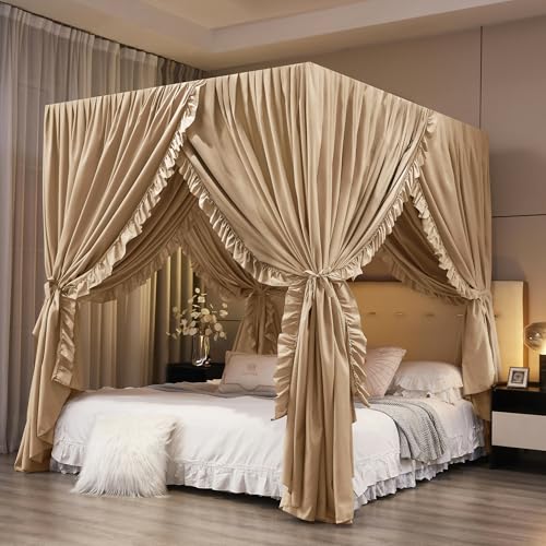 Mengersi Canopy Bed Curtains Queen Size,Royal Breathable Private Space-Elegant Bed Curtains Bedroom Decor for Adults,Champagne