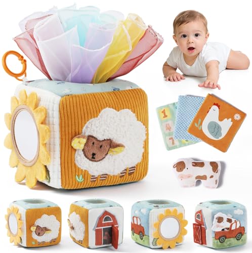 lets make Baby Tissue Box Toy Farm Montessori Sensory Toys 6-12 Months Play Silks & Crinkle Tissues with 3D Corduroy Mirror Squeaky Cow & Travel Clip - Fine Motor Skills Baby Girl Boy Gifts