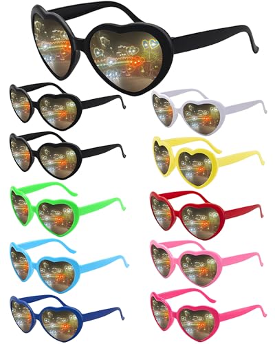 10 Pack Heart Sunglasses for Women Men Vintage Heart Effect Diffraction Glasses Oversized Bachelorette Party Sunglasses