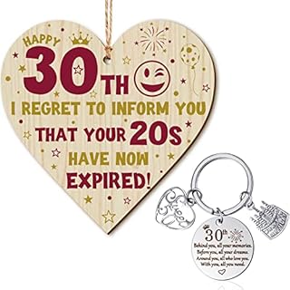 30th Birthday Gifts Birthday Plaque and Birthday Keyrings Set 30th Birthday Wood Heart Sign Happy 30th Birthday Keychain Stainless Steel for Women Men Bedroom Dining Room Car Interior Decoration