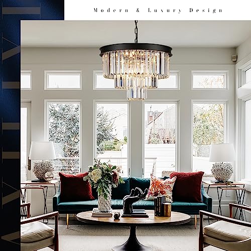 Image of Black Crystal Chandelier Modern 20 inch Round Light Fixtures for Living Room