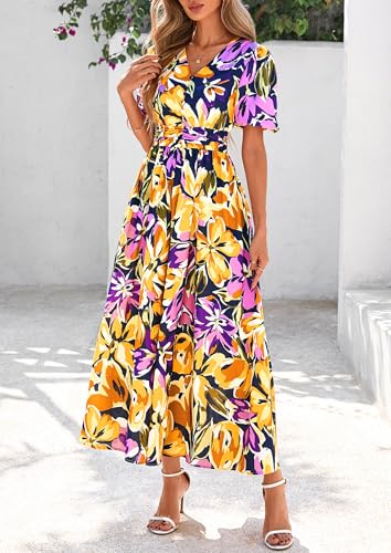 Image of PRETTYGARDEN Womes Boho Maxi Dresses 2026 Summer Spring V Neck Puff Sleeve Empire Waist A Line Flowy Long Beach Floral Dress