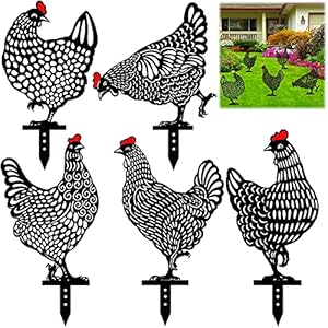 Amzeeniu 5 stuks kipdecoratie handwerk tuinbeelden, haandier silhouet paal handgemaakte tuindecoratie, tuinfiguur kip…