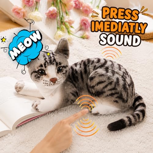 Image of Cat Soft Toy 35cm with Meow Meow Sound, Realistic Plush Cat Stuffed Animal, Cute Cat Plushie for Kids Boys Girls, Birthday Gift, Home Decor(Gray)