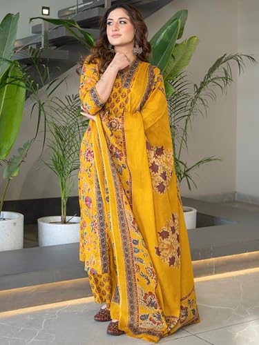 Image of Arayna Women's Pure Cotton Block Printed Ethnic Wear Kurta Set with Palazzo Pants & Dupatta, Mustard Yellow