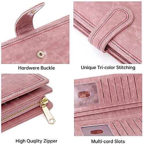 Leather Wallets for Women Large Capacity Credit Card Holder Ladies Travel Clutch Purse Bifold Oil Wax Wallet with Zipper Pocket4