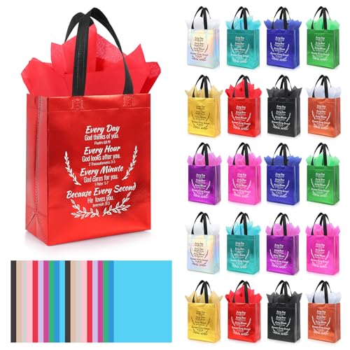 LUAVIARU 40 Pcs Bible Verse Christian Gift Bags Set 20 Colorful Reusable Gift Bag with Handles & 20 Tissue Paper Religious Gift Bag for Church Events Baptism Easter Communion Congratulations